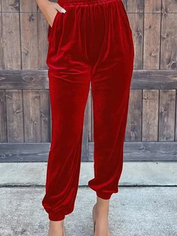 Bordo Beli Lastikli Yüksek Bel Cep Detay Kadife Pantolon