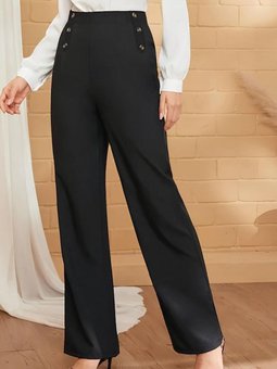 Siyah Düğme Detay Bol Paça İthal Krep Pantolon