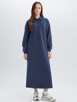 Basic Düz Düğmeli Uzun Kollu Selanik Kumaş Maxi Triko Elbise B7260ax24wn