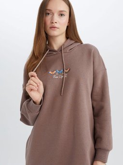 Relax Fit Kapüşonlu Baskılı İçi Yumuşak Tüylü Kalın Sweatshirt Tunik E0841ax24wn
