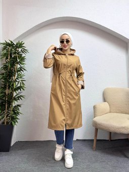 Taba Bel Tünelli Çizgili Latte Trençkot