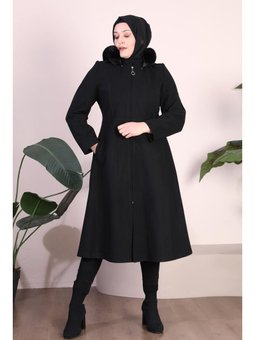 Kadin Büyük Beden Kapşonu Kürklü Fermuarlı Siyah Pardesü