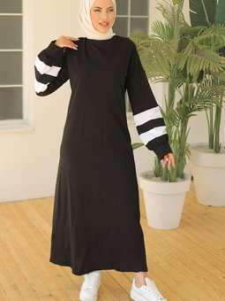 İki İplik Şeritli Balon Kol Abiye Elbise Siyah 20345.1778.