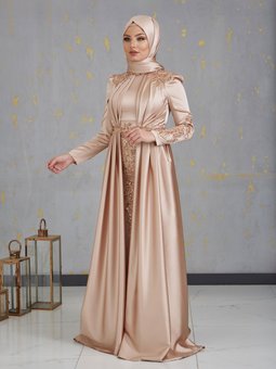 Önü Drapeli Aplikli Karaca Abiye Elbise Gold