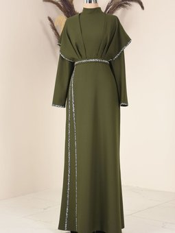 Önü Taşlı Drapeli Peri Abiye Elbise Haki