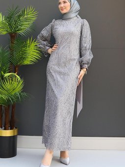 Gülşah Simli Abiye Elbise Koyu Gri