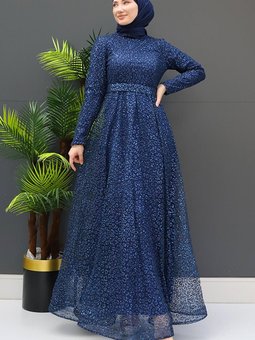 Kardelen Simli Abiye Elbise Lacivert