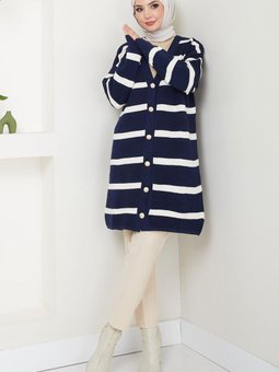 Çizgili Fitilli Triko Hırka Lacivert Hm2589