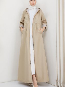 Kapüşonlu Çizgili Uzun Trençkot Bej Hm2332