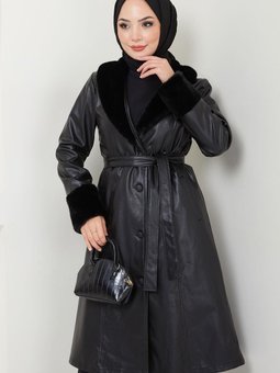 Kürk Detaylı Suni Deri Trençkot Siyah Hm2540