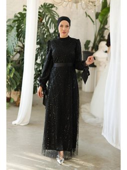 Afra Boncuklu Abiye Elbise Siyah