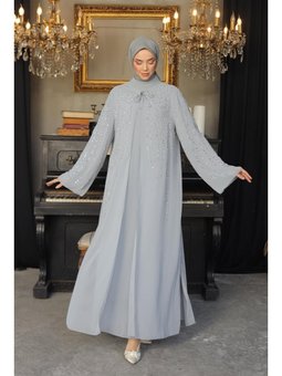 Büyük Beden Mahinur Şifon Abiye Elbise Gri