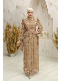 Lumia Boncuklu Abiye Elbise Gold Rengi