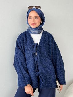 Bağlamalı Kırçıl Kaşe Ceket Lacivert