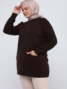 Büyük Beden Kolu Saç Örgülü Cepli Kışlık Triko Tunik 4372