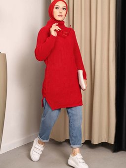 Bordo Boğazlı Yaka Yırtmaçlı Triko Tunik