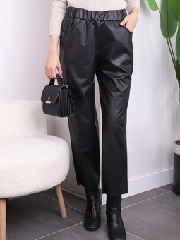 Siyah Cepli Bel Lastikli Deri Pantolon