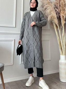 Baklava Desen Uzun Gri Triko Hırka