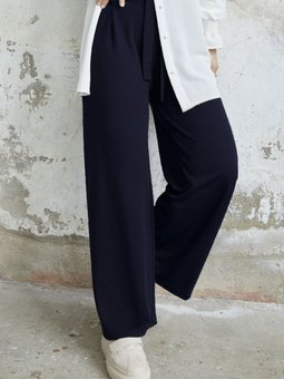 Beli Kuşaklı Bol Scuba Pantolon Lacivert