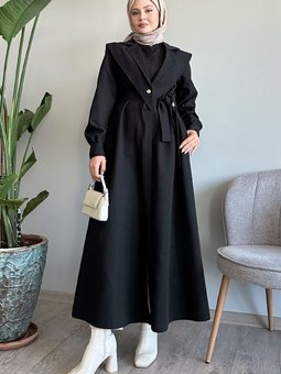 Bolerolu Kemerli Siyah Trençkot