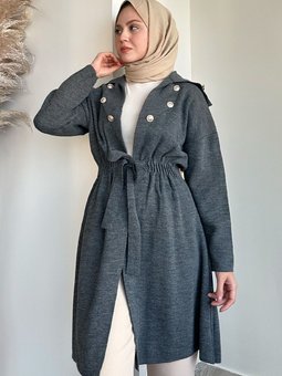 Düğme Detay Bağcıklı Gri Triko Hırka