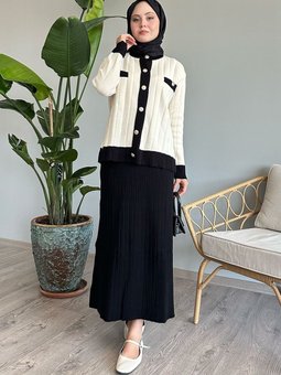 Etekli Hırkalı Ekru Triko Takım