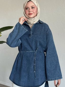 Geniş Kol İpli Mavi Kot Tunik