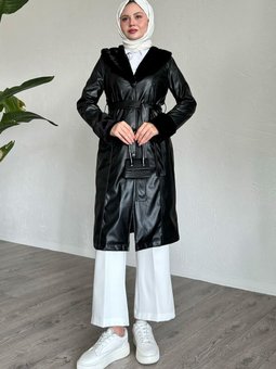 Kürk Detaylı Siyah Deri Trençkot