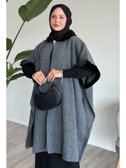 Kürk Ve Broş Detaylı Antrasit Panço