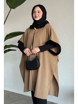 Kürk Ve Broş Detaylı Camel Panço