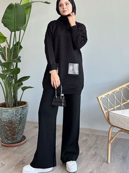 Pul Cep Simli Siyah Triko Takım