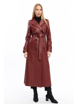 Çift Cepkenli Uzun Boy Deri Bordo Trençkot