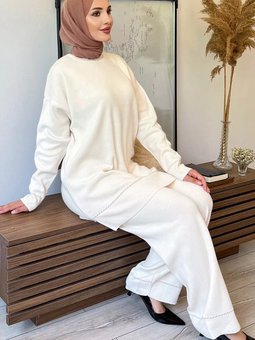 Krem Tunik Pantolon Triko İkili Takım