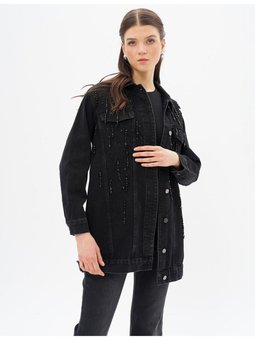 Boncuk İşlemeli Denim Ceket Siyah