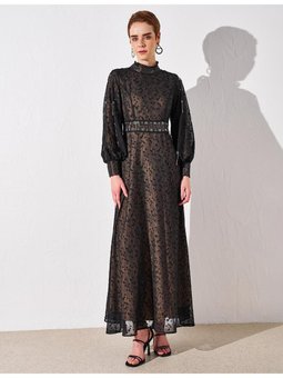 Boncuk Işlemeli Organze Tüllü Elbise Siyah