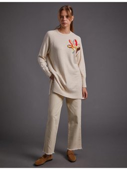 Çiçek Nakışlı Triko Tunik Taş