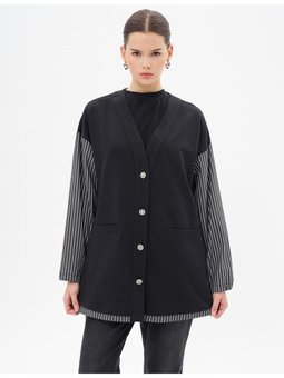Çizgi Desen Garnili Ceket Siyah