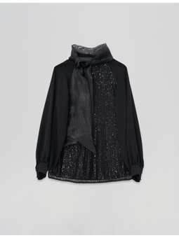 Organzeli Şal Yaka Bluz Siyah