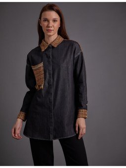 Tüvit Ve Denim Garnili Tunik Siyah