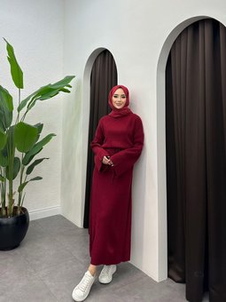 10numaramoda Yarasa Kol Uzun Trıko Elbıse Bordo