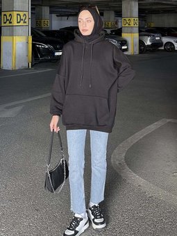 Üç Iplik Kanguru Cep Sweatshirt Siyah