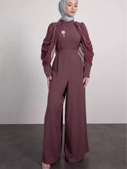 Omzu Tül Detaylı Tulum Patlıcan Moru