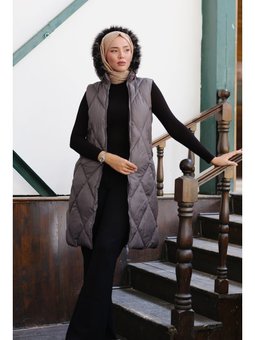 Çift Cepli Kapüşonlu Gri Yelek