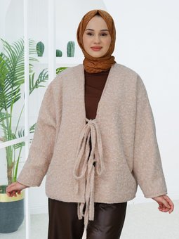 Önü Bağlamalı Buklet Kumaş Ceket Vizon