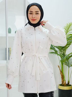 Taş Detay Bel Bağlamalı Ceket Beyaz