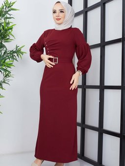 Bordo İnci Krep Elbise