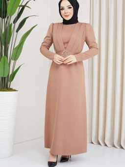 Camel Kelebek Krep Elbise