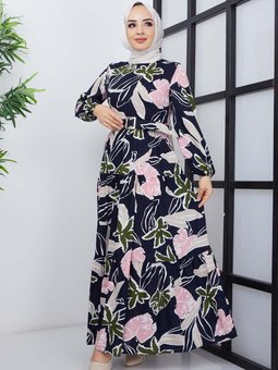 Lacivert Mimoza Viskon Elbise