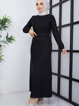 Siyah Buğlem Ponpon Kışlık Elbise