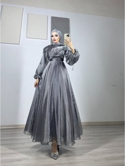 Janjan Kumaş Kol Ve Omuz Detaylı Uzun Abiye Elbise